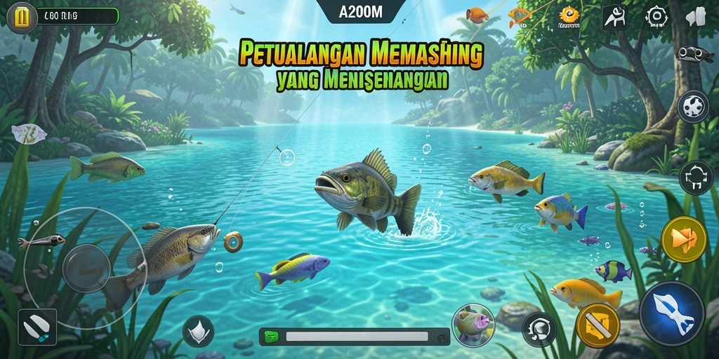 Screenshot A200M menampilkan pemancing sedang berhasil menangkap ikan di lokasi indah.