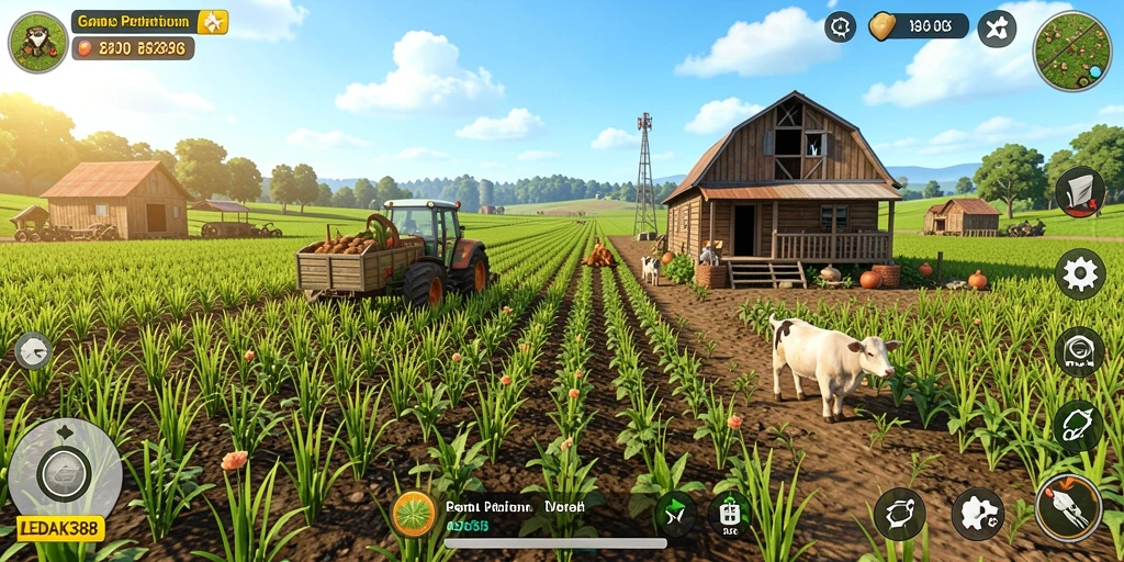 Tampilan gameplay LEDAK388 yang menawan dengan lahan pertanian yang subur.