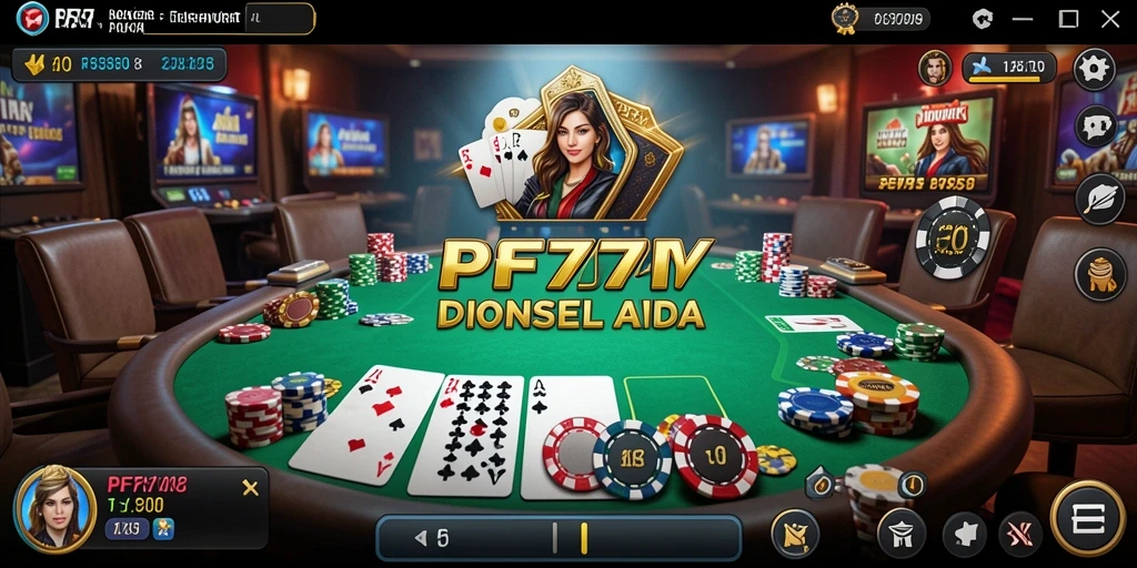 Screenshot gameplay PF777 menunjukkan kartu dan suasana permainan poker yang menarik.