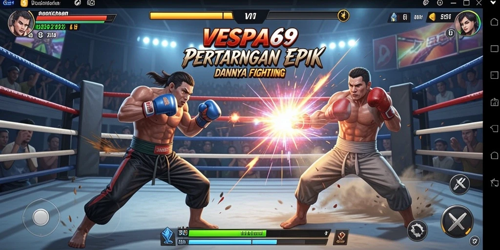 Screenshot gameplay VESPA69 dengan aksi bertarung yang intens.